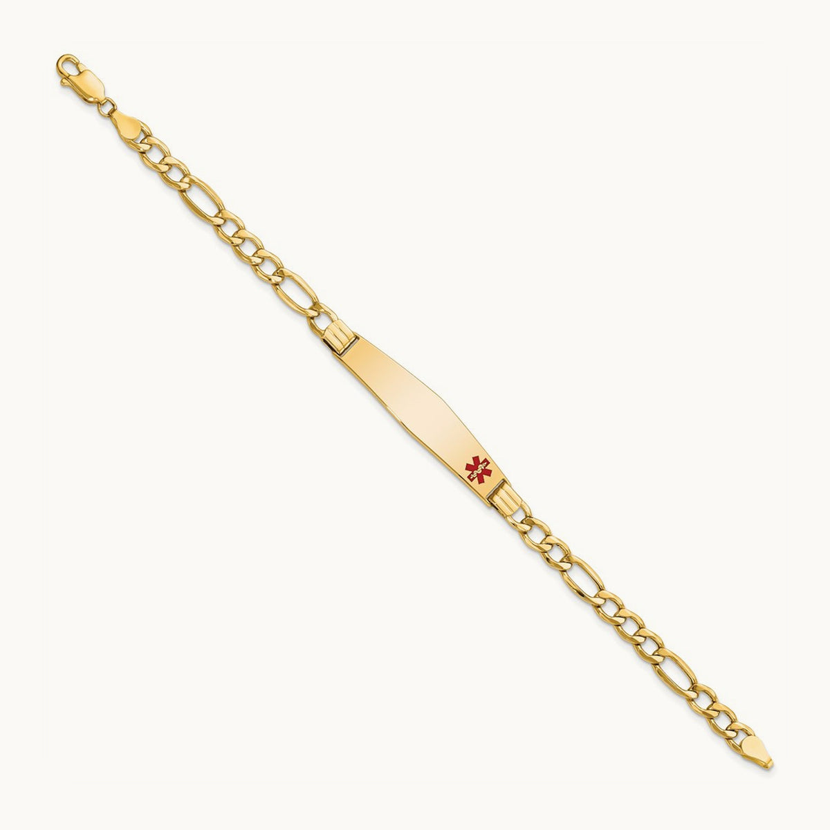 Semi-Solid Medical Soft Diamond Shape Red Enamel Figaro ID Bracelet, 14K