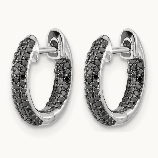 Black Diamond Hinged Hoop Earrings, 14K White Gold