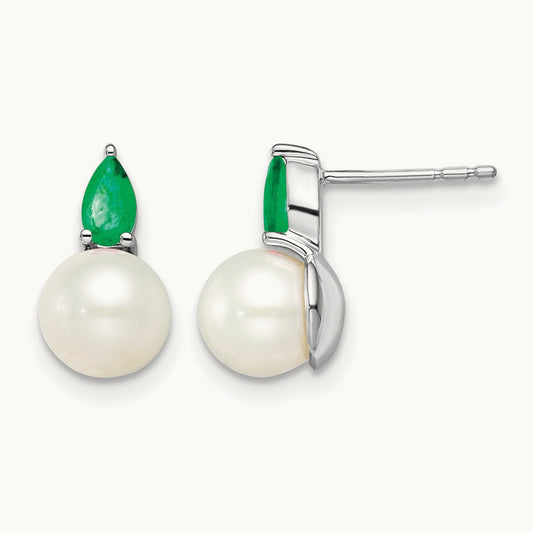FWC Pearl and Emerald Post Earrings, 14K White Gold