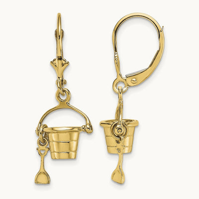 3-D Beach Bucket w/ Shovel Leverback Earrings, 14K