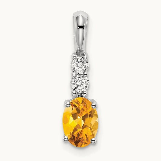Oval Citrine and Diamond Pendant — 14K White Gold