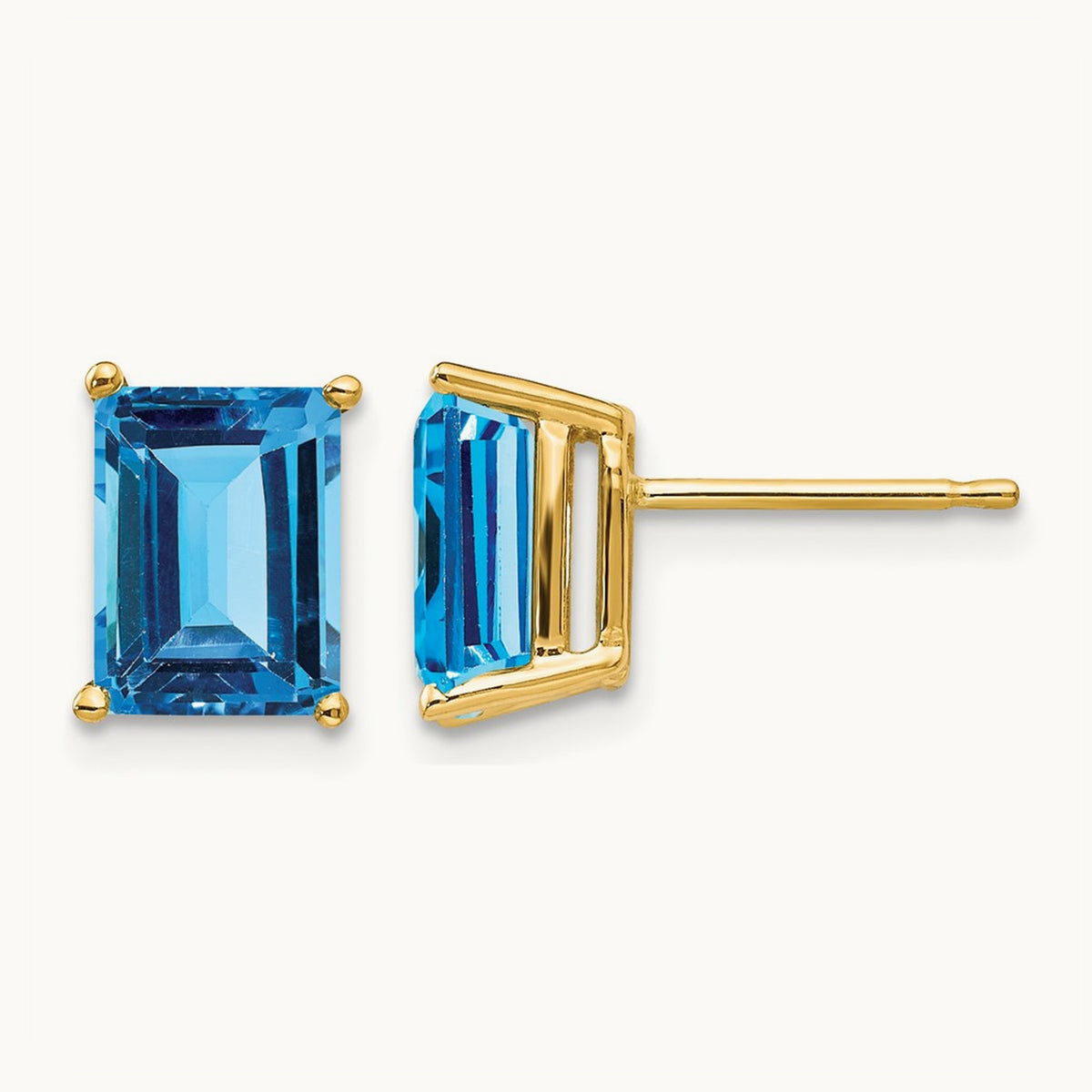 8x6mm Emerald Cut Blue Topaz Earrings, 14K