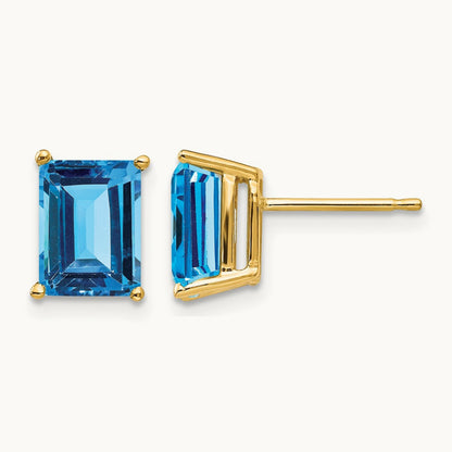 8x6mm Emerald Cut Blue Topaz Earrings, 14K