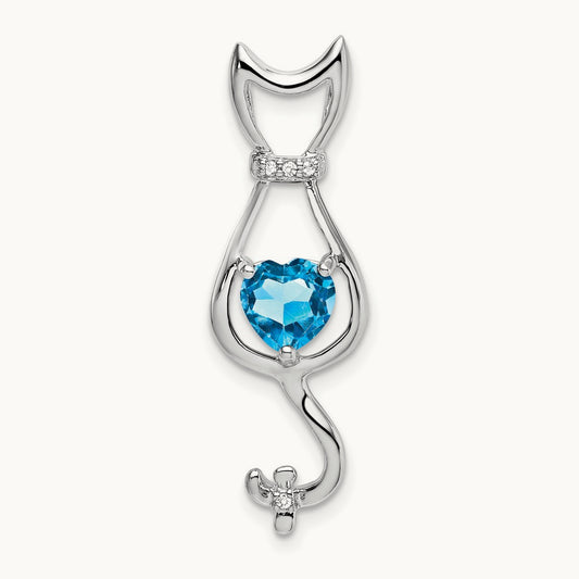 Blue Topaz and Diamond Cat Pendant — 14K White Gold