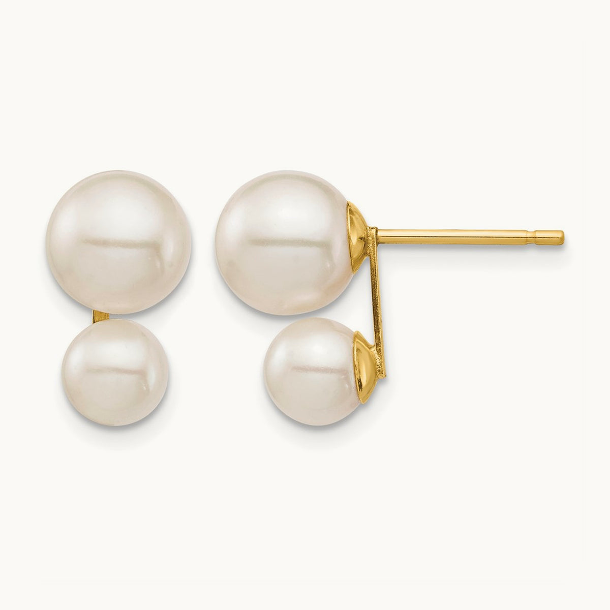 5 & White Round FW Cultured Double Pearl Post Earrings, 7mm, 14K