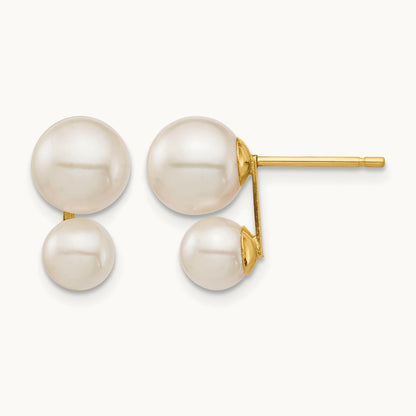 5 & White Round FW Cultured Double Pearl Post Earrings, 7mm, 14K