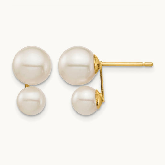 5 & White Round FW Cultured Double Pearl Post Earrings, 7mm, 14K
