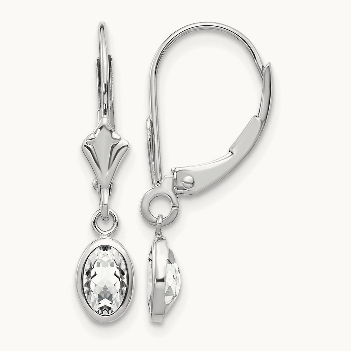 WG 6x4 Oval Bezel April/White Topaz Leverback Earrings, 14K