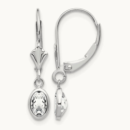 WG 6x4 Oval Bezel April/White Topaz Leverback Earrings, 14K