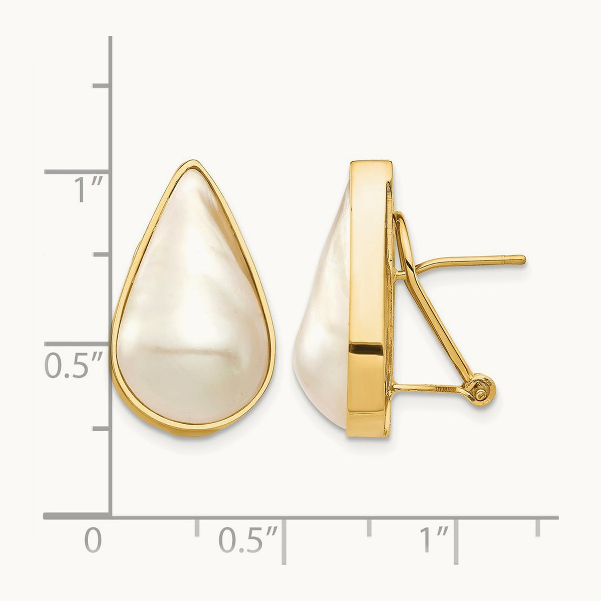 12x20 White Pear Saltwater Cultured Mabe Pearl Omega Back Earrings, 14K
