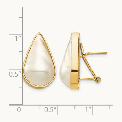 12x20 White Pear Saltwater Cultured Mabe Pearl Omega Back Earrings, 14K
