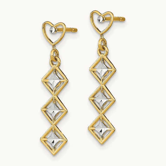 w/RH D/C Heart and Diamond Shape Post Dangle Earrings, 14K