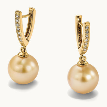 10- Round Golden Saltwater South Sea Pearl .105ct. Dia. Dangle Earr, 11mm, 14K