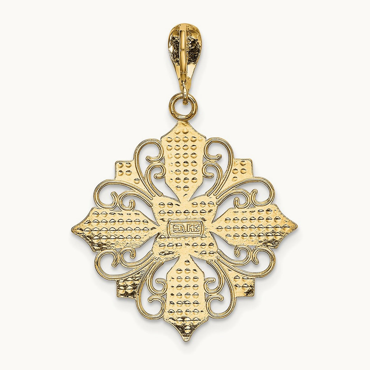 w/ Rhodium Cut-out Cross Medallion Charm, 14K
