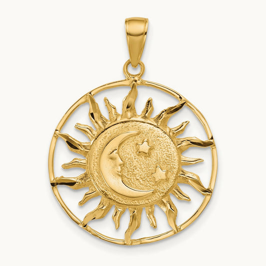 Diamond-cut Sun with Moon and Stars Charm, 14K