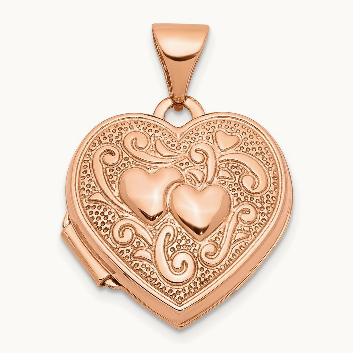Textured Double Heart Scroll Design Heart Locket, 15mm, 14K Rose Gold