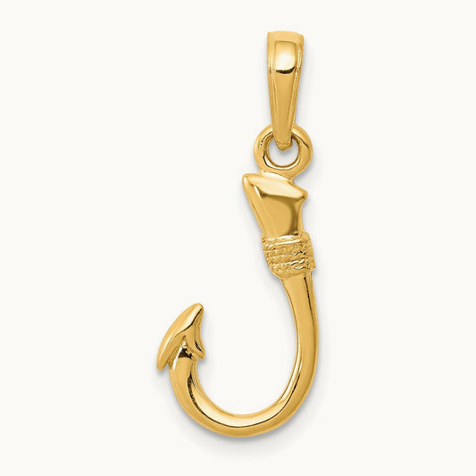 3D Fish Hook Pendant, 14K Yellow Gold