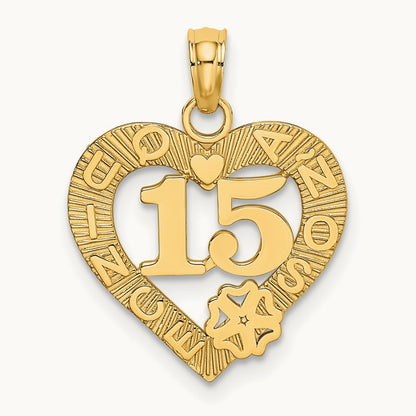 QUINCE ANOS 15 in Heart Charm, 14K