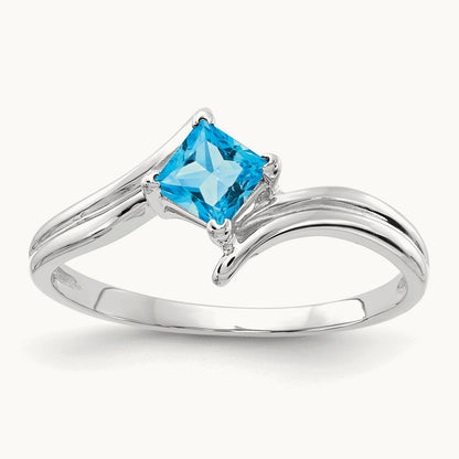 Princess Cut Blue Topaz ring, 4mm, 14K White Gold