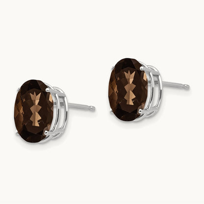 10x8 Oval Checker-Cut Smoky Quartz Earrings, 14K White Gold