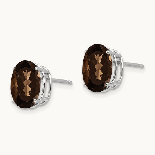 10x8 Oval Checker-Cut Smoky Quartz Earrings, 14K White Gold