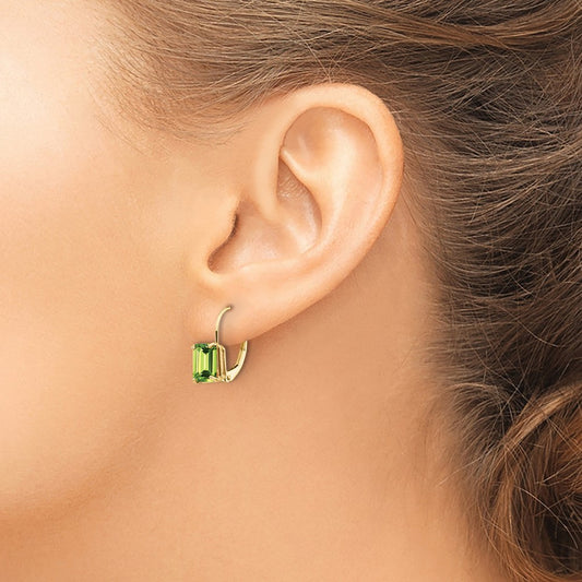 7x5mm Emerald Cut Peridot Leverback Earrings — 14K Yellow Gold