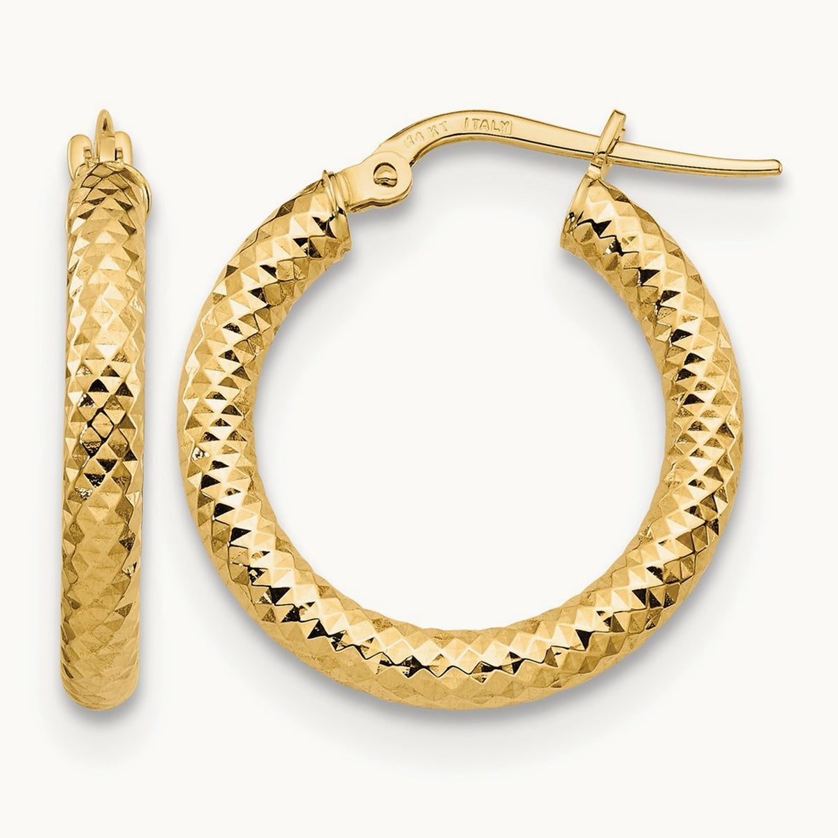 3x20 Diamond-cut Round Hoop Earrings — 14K Yellow Gold