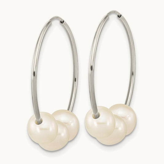WG 6- Semi-Rnd Freshwater Cultured 3 Pearl Hoop Earrings, 7mm, 14K