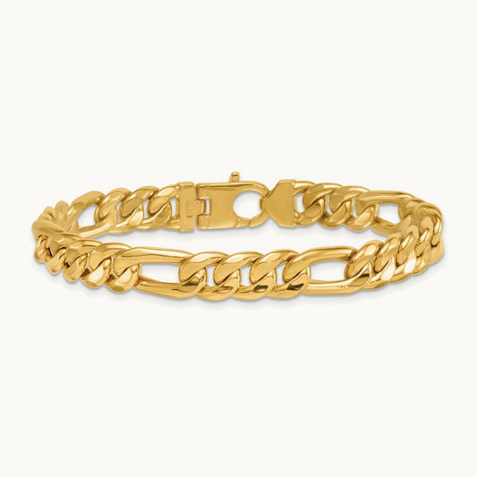 Polished Flat Figaro Chain Men's Bracelet, 8.75mm, 14K