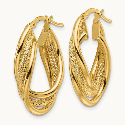 Polished Textured & Intertwined Oval Hoop Earrings, 14K Yellow Gold
