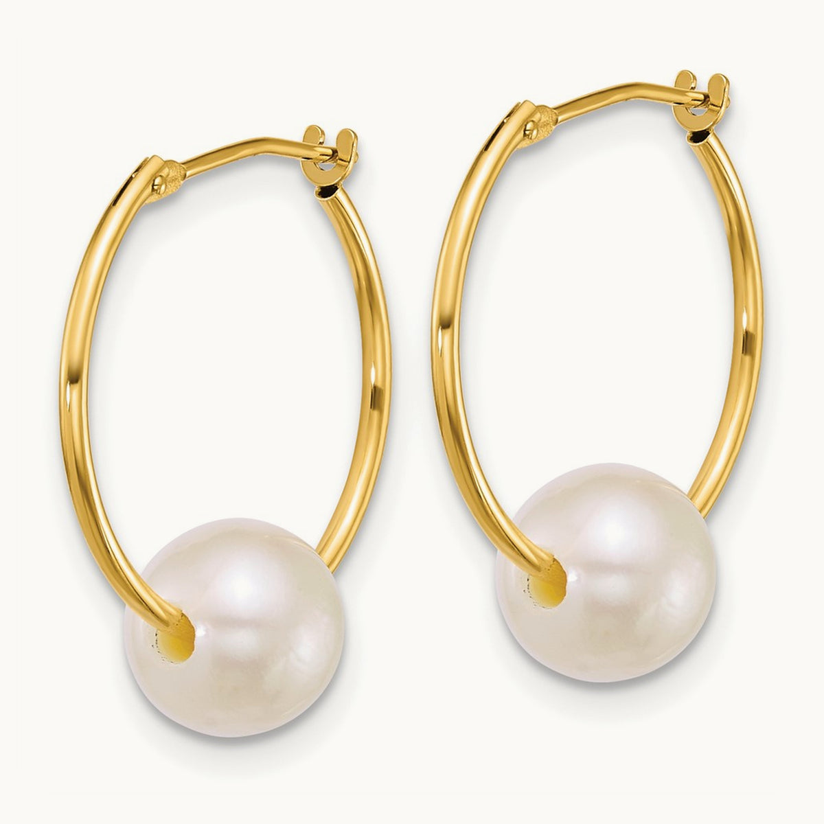 7- Semi-Rnd White Freshwater Cultured Pearl Hoop Earrings, 8mm, 14K