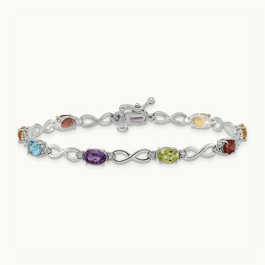Rainbow Gemstone and Diamond Infinity Bracelet — 14K White Gold