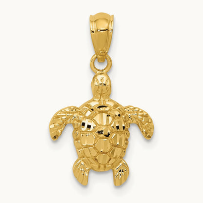 Polished and Textured Diamond-cut Turtle Pendant, 14K Gold