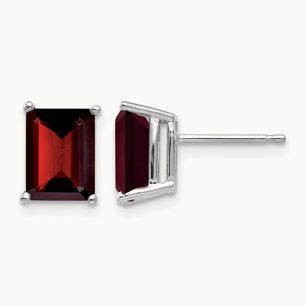 8x6mm Emerald Cut Garnet earring, 14K White Gold