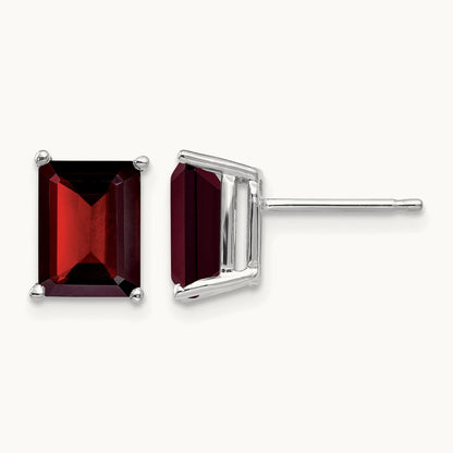 8x6mm Emerald Cut Garnet earring, 14K White Gold