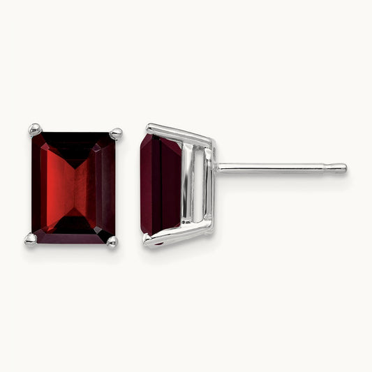8x6mm Emerald Cut Garnet earring, 14K White Gold