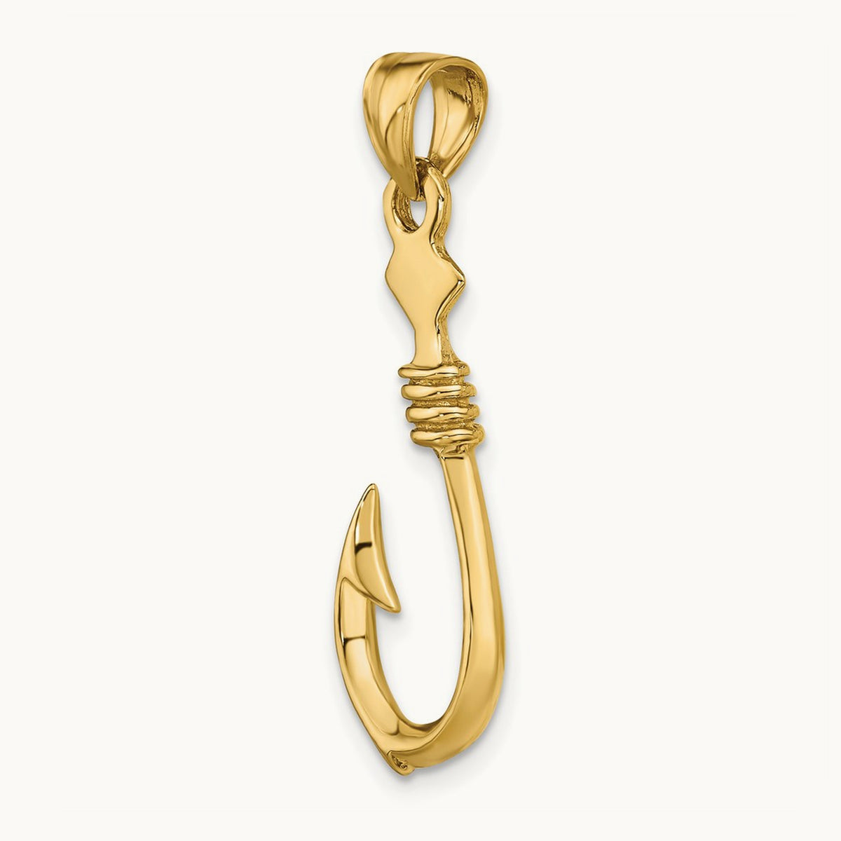 3-D Large Fish Hook with Rope Charm — 14K Yellow Gold