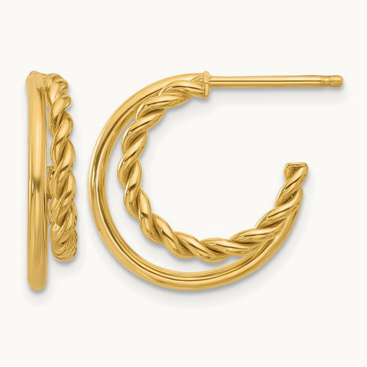 Polished and Textured 2-Row J-Hoop Post Earrings, 14K — Leslie's