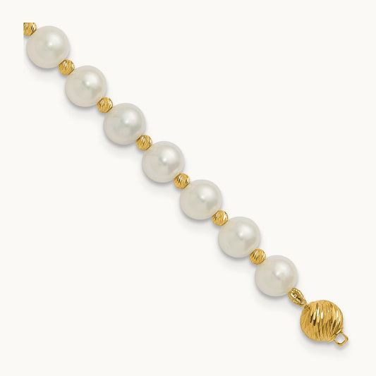 8- Near-Round FWC Pearl and D/C Beaded 7.5in Bracelet, 9mm, 14K