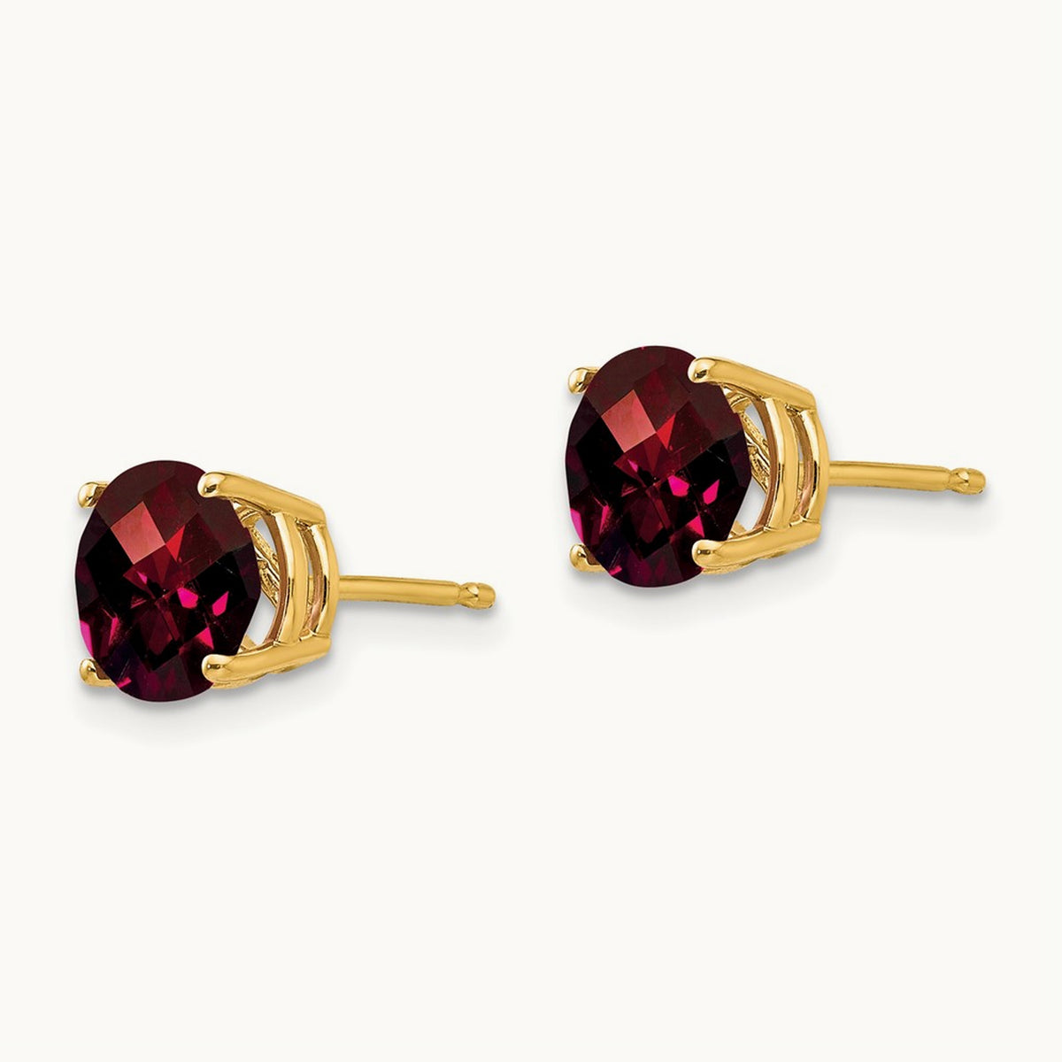 Garnet Checker Earrings, 7mm, 14K