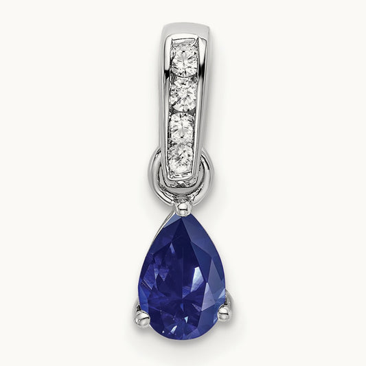 Pear Created Sapphire and Lab-Grown Diamond Pendant — 14K White Gold