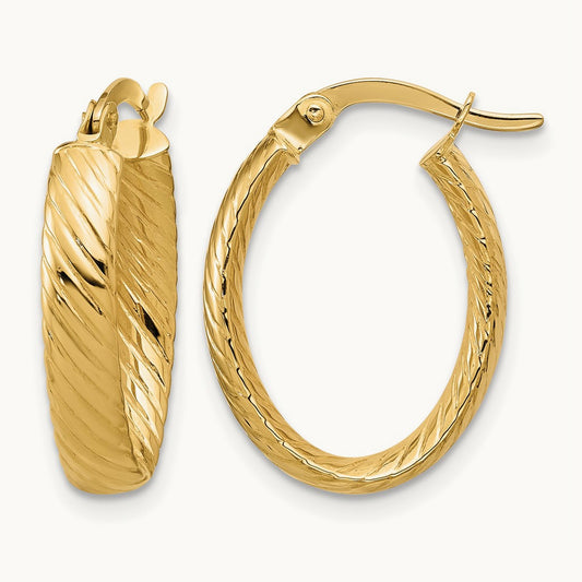 Polished and Grooved Oval Hoop Earrings — Leslie's — 14K Yellow Gold, 15.5mm