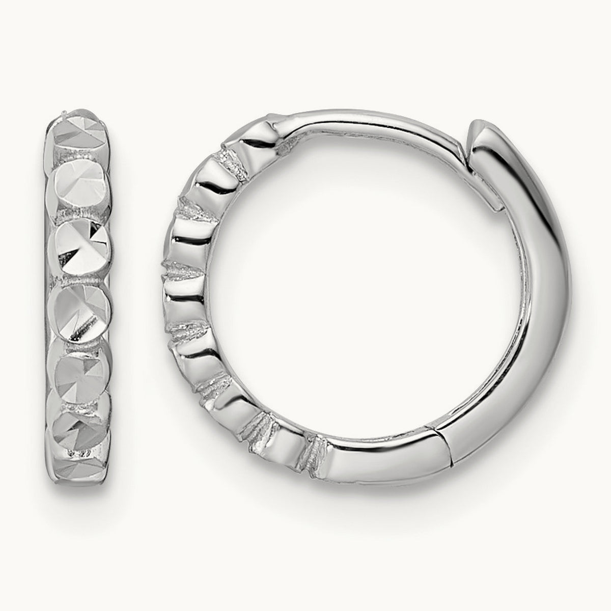 Diamond-cut Hinged Hoop Earrings — 14K White Gold, 2x12mm