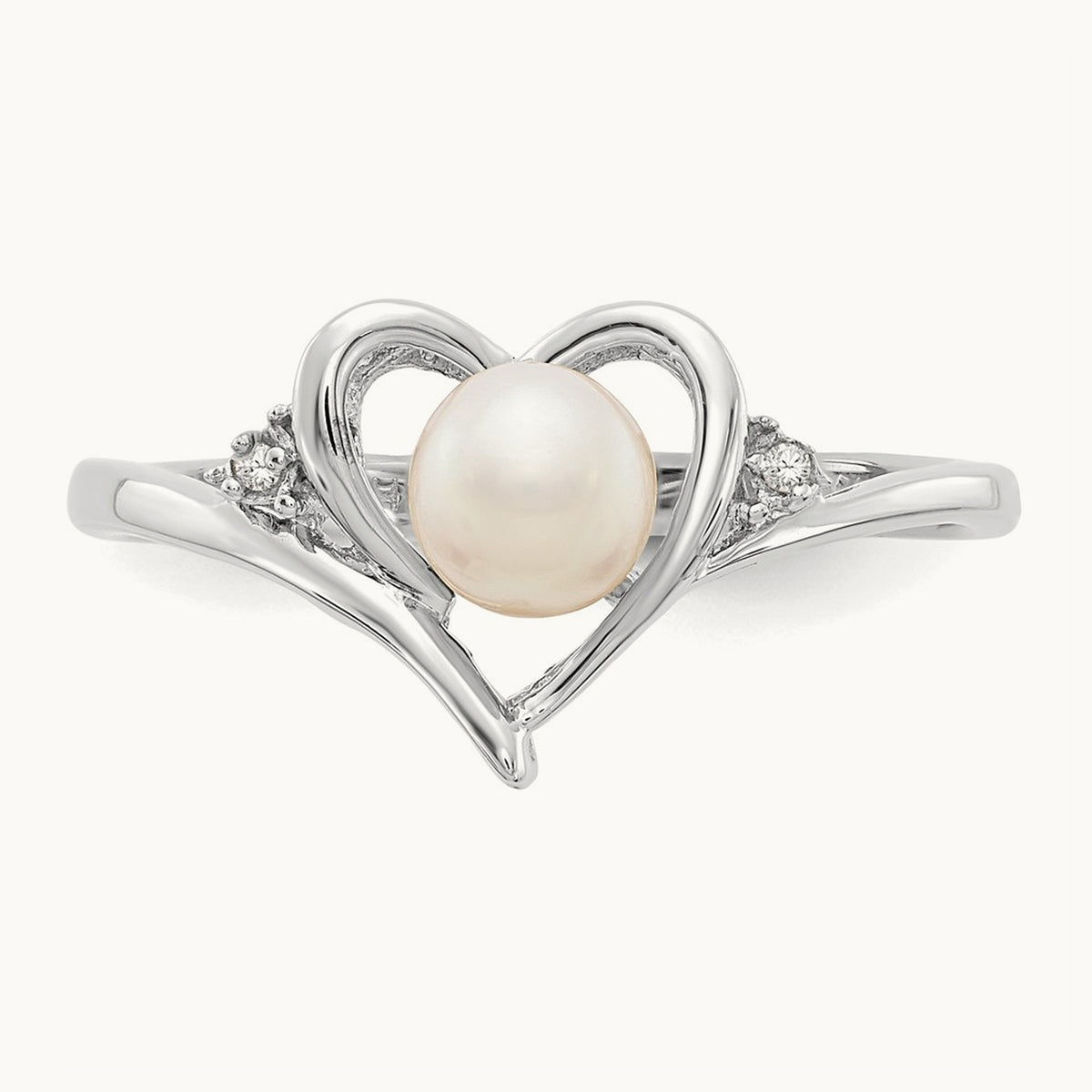 Freshwater Cultured Pearl and Diamond Heart Ring — 14K White Gold, 7