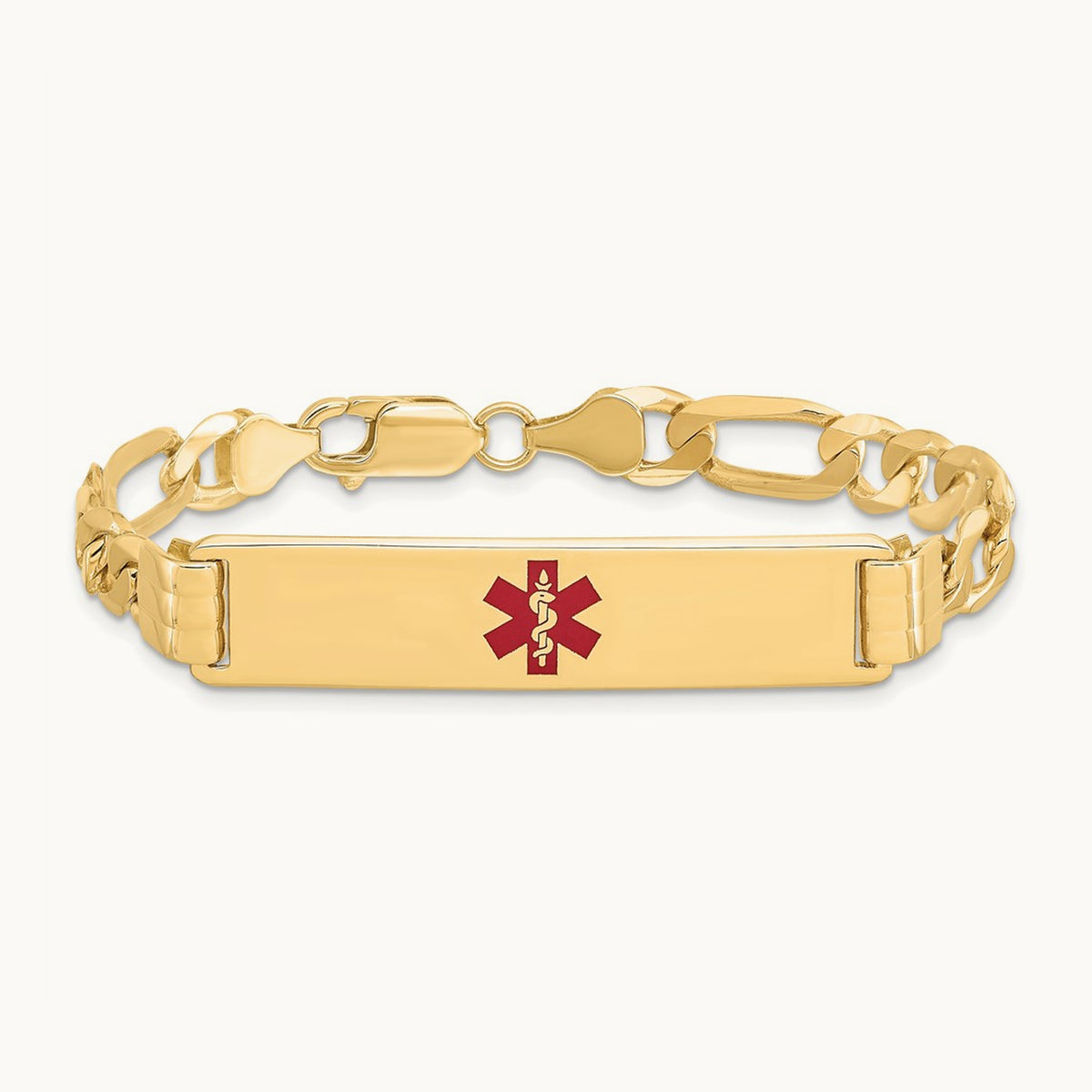 Medical Red Enamel Flat Figaro Link ID Bracelet, 14K