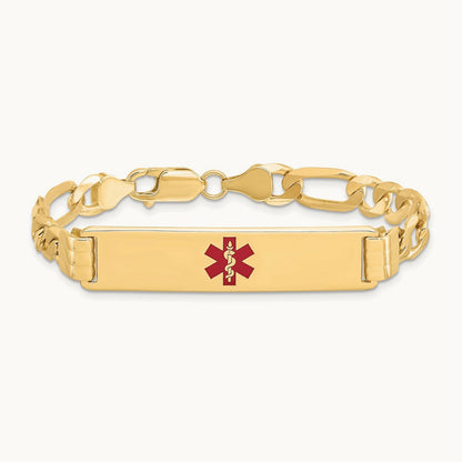 Medical Red Enamel Flat Figaro Link ID Bracelet, 14K