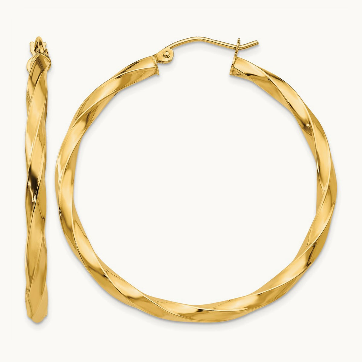 Square Tube Twisted Hoop Earrings — 14K Yellow Gold, 40mm, 3mm