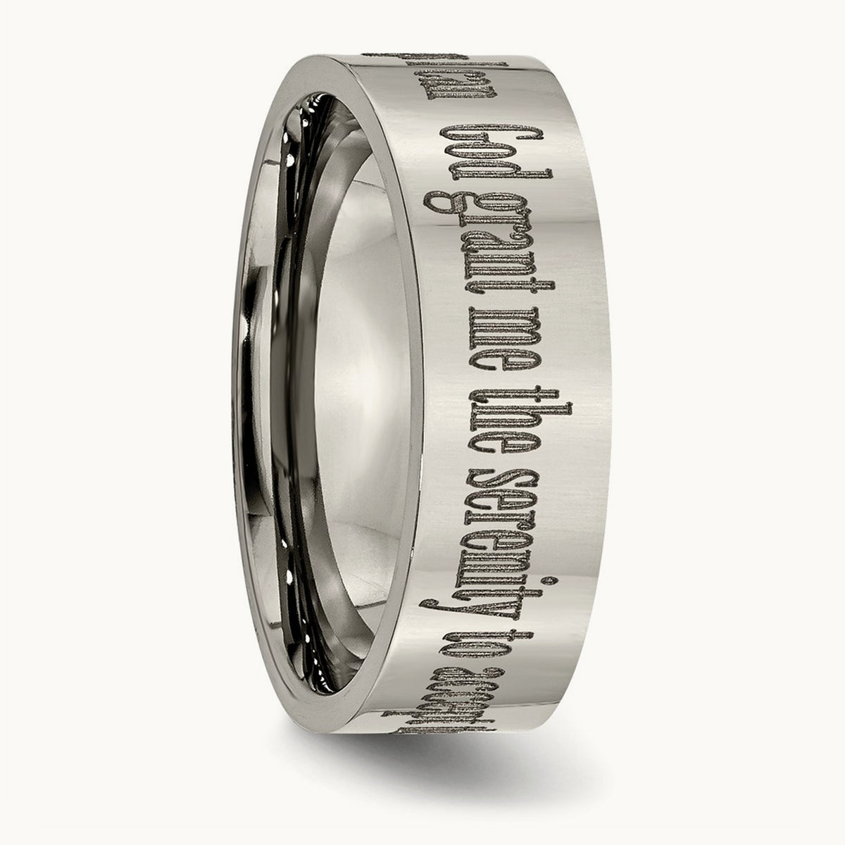 Polished Serenity Prayer Laser Design Flat Band — photo set