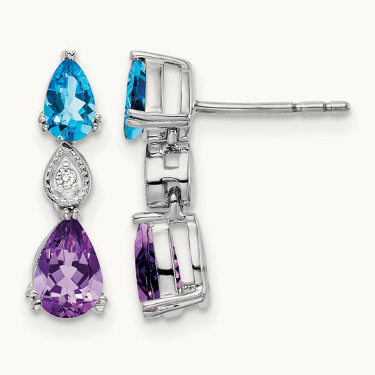 Blue Topaz/Amethyst/Diamond Earrings, 14K White Gold