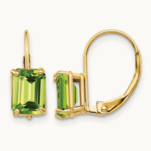 7x5mm Emerald Cut Peridot Leverback Earrings — 14K Yellow Gold